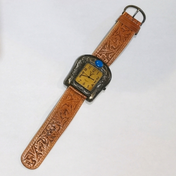 Vintage Other - SOLD 80s Belt Buckle Western Novelty Watch Tooled Leather Turquoise Dejuno